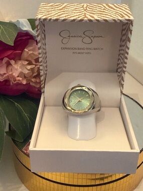 Jessica Simpson Gold & Silver Ring Watch with Mint Green Dial